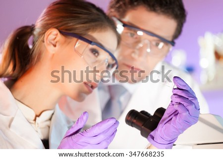 Attractive young scientist and her post doctoral supervisor looking at the microscope slide in the forensic laboratory.