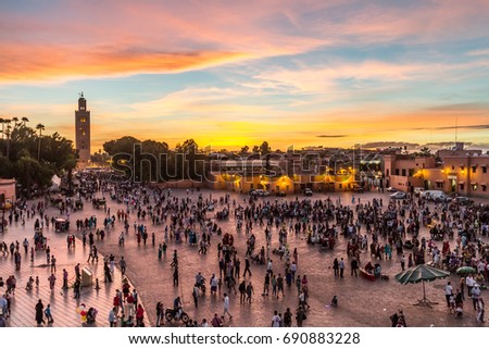 Jamaa el Fna market square, Marrakesh, Morocco, north Africa. Jemaa el-Fnaa, Djema el-Fna or Djemaa el-Fnaa is a famous square and market place in Marrakesh\'s medina quarter.
