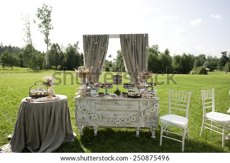 Sweet bar on summer wedding. Layer cake with protein cream and blackberries and other sweets outdoors