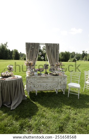Sweet bar on summer wedding. Layer cake with protein cream and blackberries and other sweets outdoors