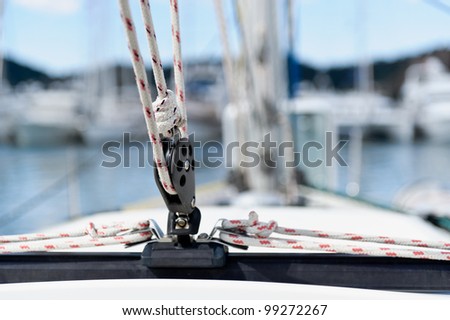 Sailing yacht rigging equipment: main sheet traveler block closeup
