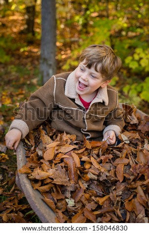 Smiling boy plays in pile of leaves in wooden wheel barrow