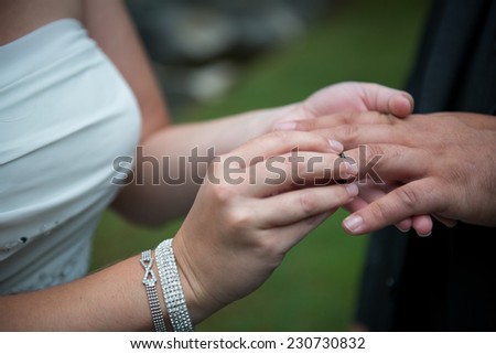Close up of bride and groom exchanging wedding vows and rings