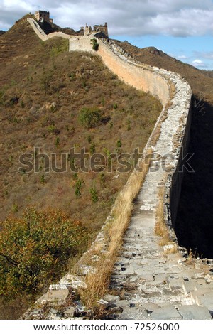 Vertical shot of the Great Wall of China snaking its way up the mountainside