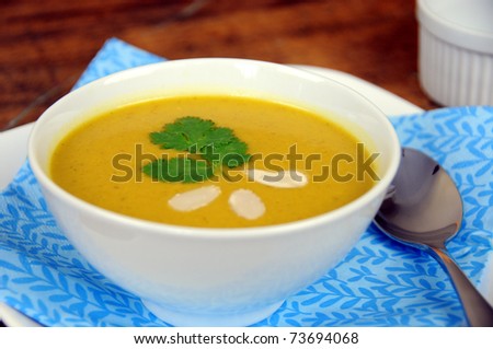 Bowl of delicious and healthy squash soup in white bowl