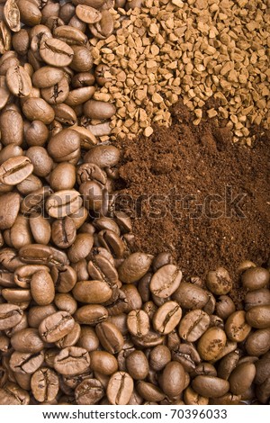 coffee grains, coffee powder and coffee granules