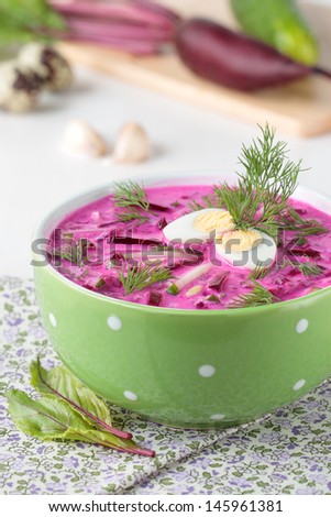 Cold yogurt soup with beets, cucumbers, dill and garlic