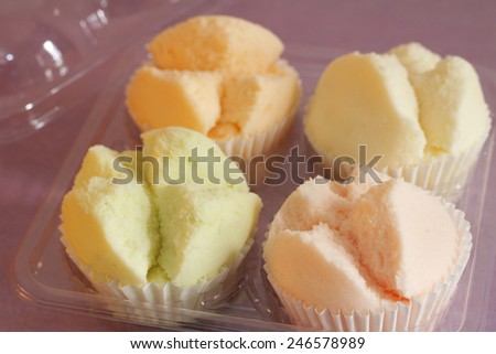 Thai sponge cake in plastic box  is dessert eating with coffee name is SA-LI.