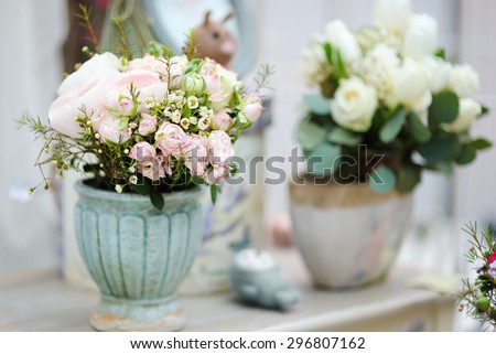 Natural flowers bouquet and decoration objects in the flower shop