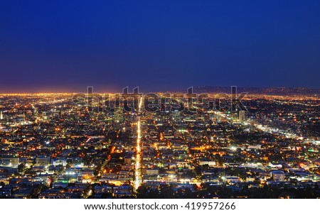 View of the downtown Los Angeles skyline at night, from Griffith Observatory, in Griffith Park, Los Angeles, California