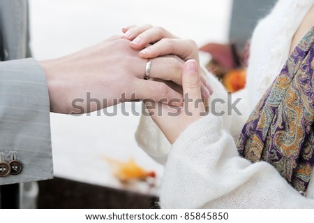 Bride putting a wedding ring on groom\'s finger