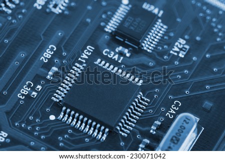 Detail of electronic board. Close-up of electronic circuit board with processor
