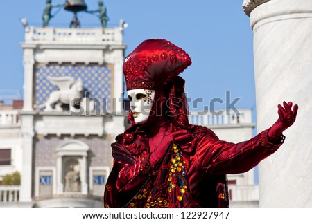 VENICE, ITALY - FEBRUARY 14: Venice mask at St. Mark's Square, Carnival of Venice on February 14, 2010. The carnival was held in 2010 from February 6 to February 16, 2010