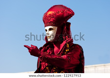 VENICE, ITALY - FEBRUARY 14: Venice mask at St. Mark\'s Square, Carnival of Venice on February 14, 2010. The carnival was held in 2010 from February 6 to February 16, 2010