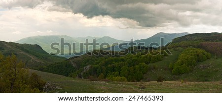 trees on the green slopes, light serene sky and beautiful landscape