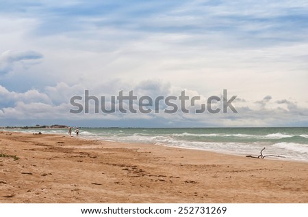 two persons walk on the sand beach