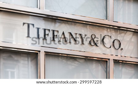 LONDON, UNITED KINGDOM- 1 APRIL 2015: Tiffany and Co. logo sign on one of the companyÃ¢Â?Â?s London stores. The company is perhaps best known for its diamond jewellery, but has also made fragrances.