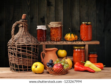 Fresh fruits and vegetables, jam on the table