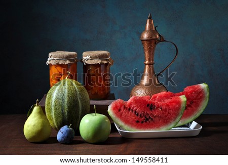 Fruits, vegetables and jam on the table