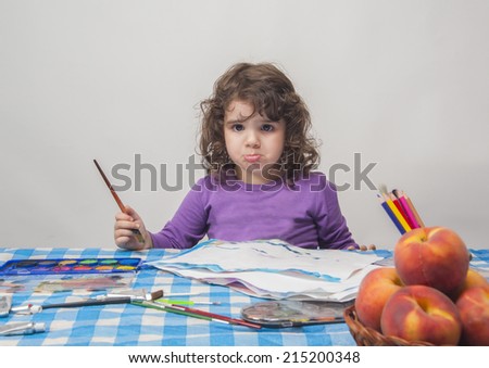 The little girl got angry and stopped to paint on paper
