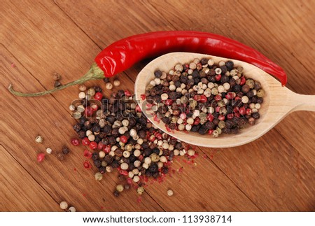Studio image of agriculture objects (red hot chilli and some ground peppers) over brown wooden background