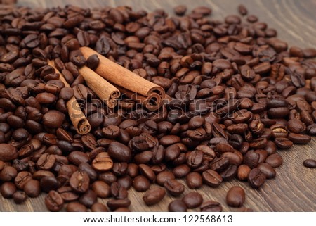 Studio image of coffee beans and cinnamon on Food and Drink theme