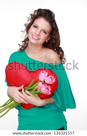 Beautiful hair girl positive energy with lovely pink tulips