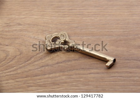 One antique key lies on a light wooden background