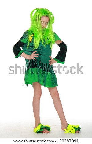 Girl in fancy dress is green and green hair