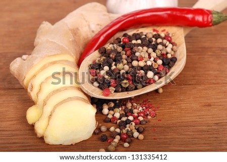 Spices over dark brown wooden background/Spoon with spices
