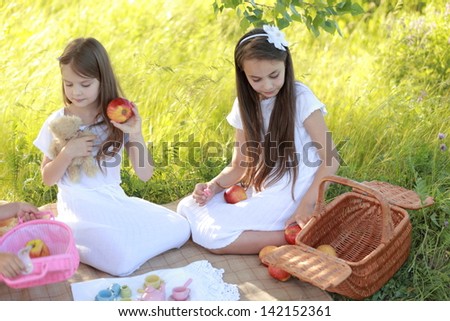 Charming young children in summer clothes on a picnic in the summer field with wild flowers