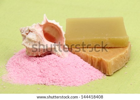 Sea salt, soap, handmade, pink candle for spa, sauna and massage spa