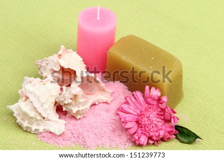 Sea salt, soap, handmade, pink candle for spa, sauna