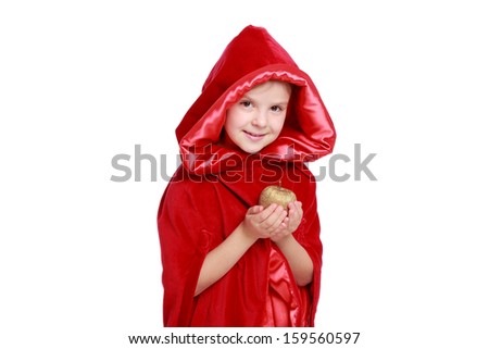 Emotional smiling girl dressed as Little Red Riding Hood isolated on a white/Beautiful child in a bright red cloak on Holiday