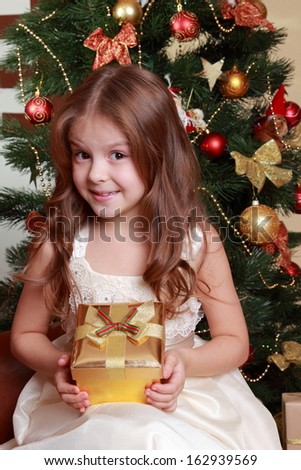Adorable smiley princess wearing white dress and posing on camera with nice gift box over Christmas tree