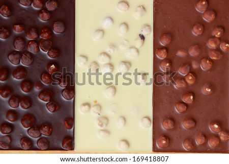 Pile of assorted chocolate bars. Top view point./different kind of chocolate