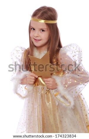 Charming fairy little angel holding a gold star on a white background