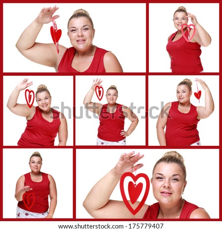 emotional middle-aged woman holding a red heart on a white background on Holiday theme/ Collage of images of positive beautiful woman holding a red heart isolated on white