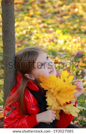 Nice portrait of cheerful cute young girl in the park/Image of pretty and beautiful face of lovely european little girl in autumn season