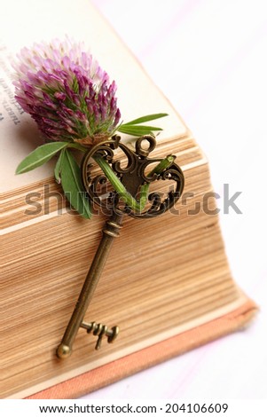 Beautiful antique key with a flower and old book isolated on white