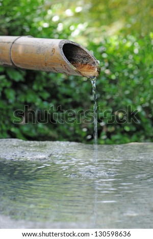 Japanese bamboo fountain with water dripping from snout