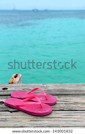 Pair of pink flip flops on wooden pier with ocean in background
