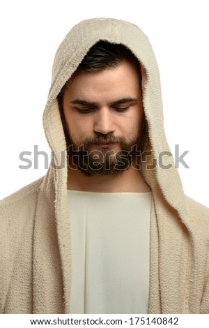 Portrait of Jesus praying praying isolated over white background
