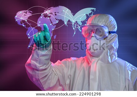 Scientist in Hazmat suit and protective gear pointing at origin of Ebola virus