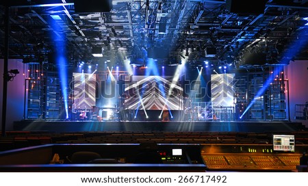Concert stage with lights and musical instruments