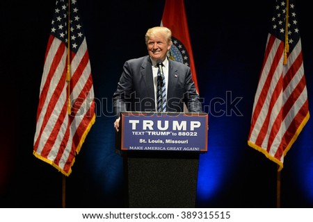 Saint Louis, MO, USA - March 11, 2016: Donald Trump smiles to supporters at the Peabody Opera House in Downtown Saint Louis