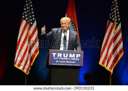 Saint Louis, MO, USA - March 11, 2016: Donald Trump shows the thumbs-up to supporters at the Peabody Opera House in Downtown Saint Louis.