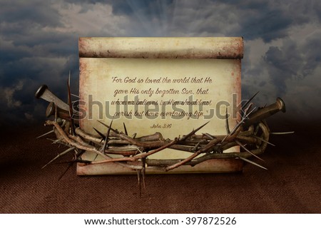 John 3:16 on scroll surrounded by crown of thorns and nails
