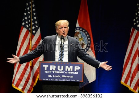 Saint Louis, MO, USA - March 11, 2016: Donald Trump talks to supporters at the Peabody Opera House in Downtown Saint Louis.