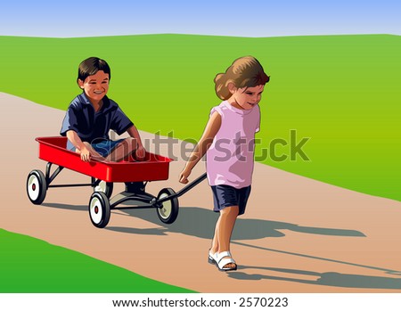 Kids Pulling Wagon